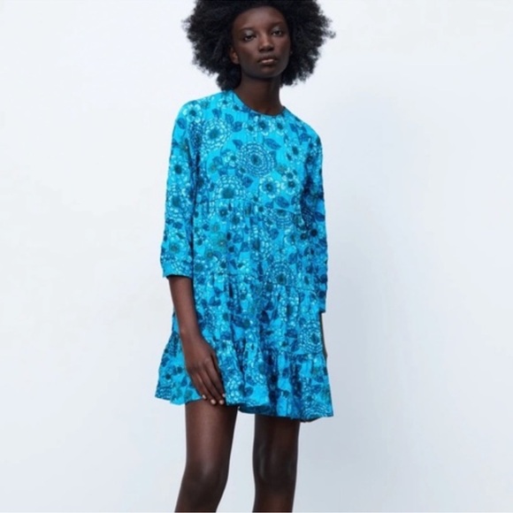 Zara Floral Print Tiered Dress Blue Size Small - Picture 1 of 16